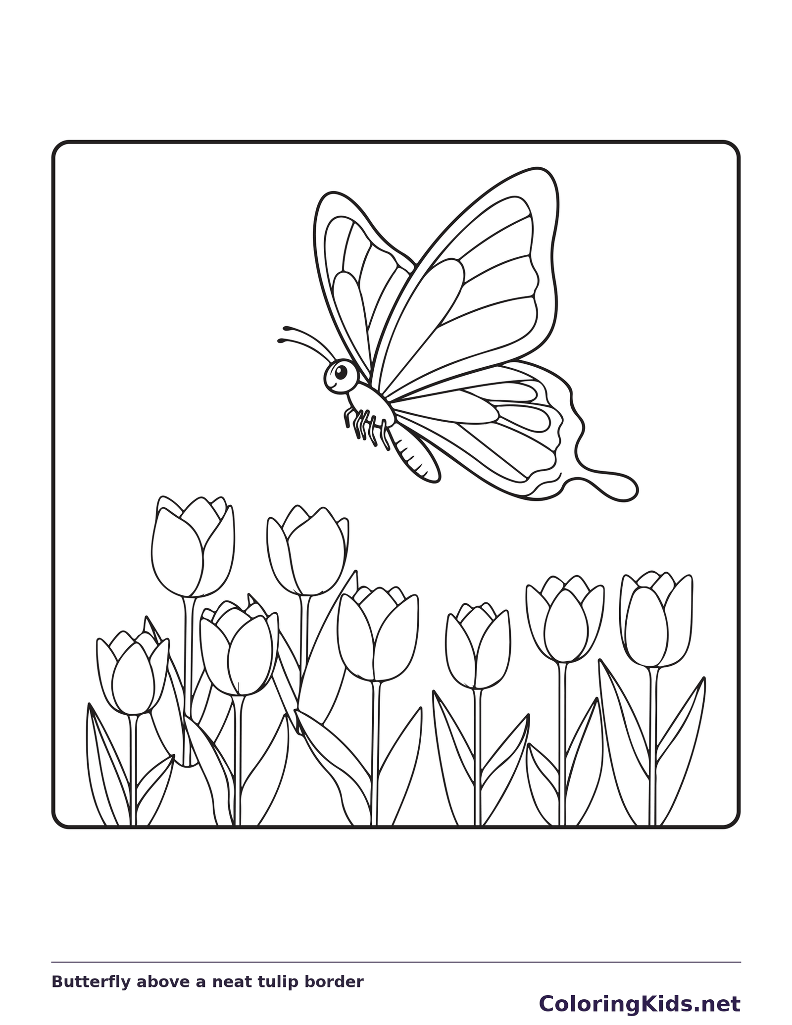 Black and white printable butterfly above a neat tulip border coloring sheet