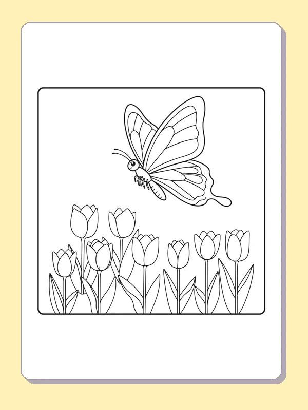Black and white printable butterfly above a neat tulip border coloring sheet
