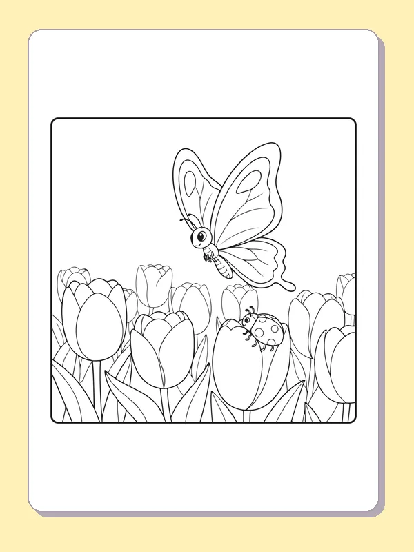 Black and white printable butterfly among layered spring tulips coloring sheet