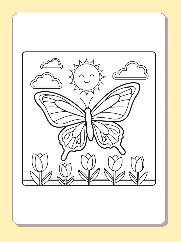 Black and white printable butterfly beneath a smiling sun coloring sheet