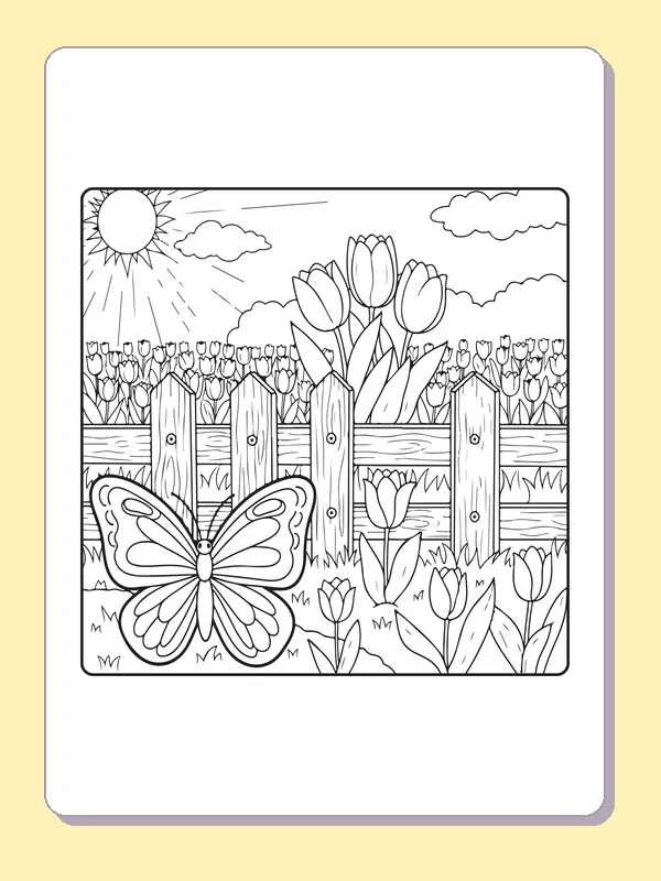 Black and white printable butterfly beside a tulip garden fence coloring sheet