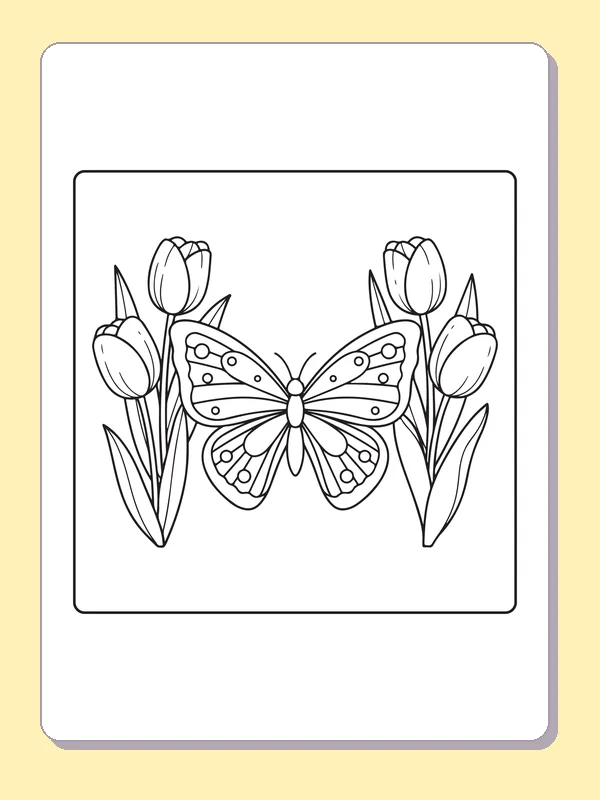 Black and white printable butterfly between two tulip buds coloring sheet