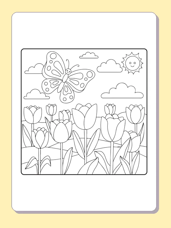 Black and white printable butterfly drifting over open tulip rows coloring sheet
