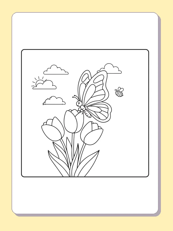Black and white printable butterfly flying above a sunny tulip pair coloring sheet