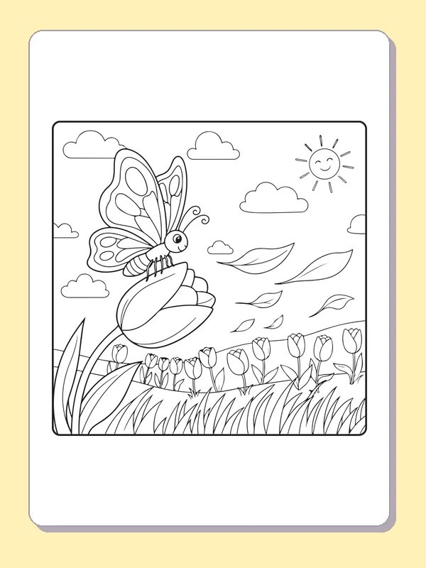 Black and white printable butterfly flying beyond the tulip rows coloring sheet