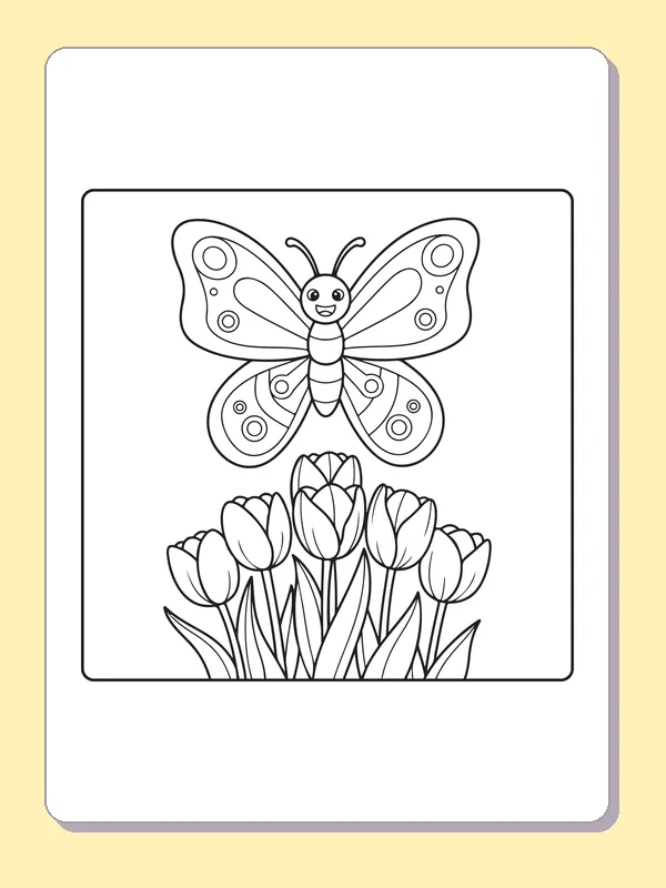 Black and white printable butterfly hovering above tulip stems coloring sheet