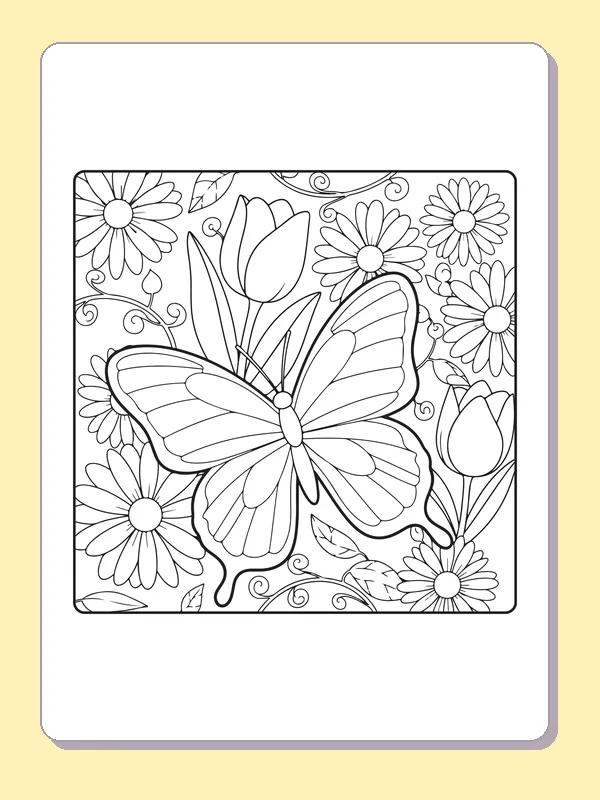Black and white printable butterfly in a flower-filled garden coloring sheet