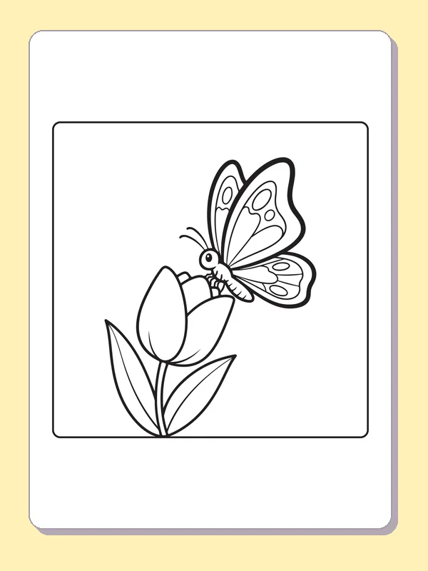 Black and white printable butterfly landing beside a tulip bloom coloring sheet