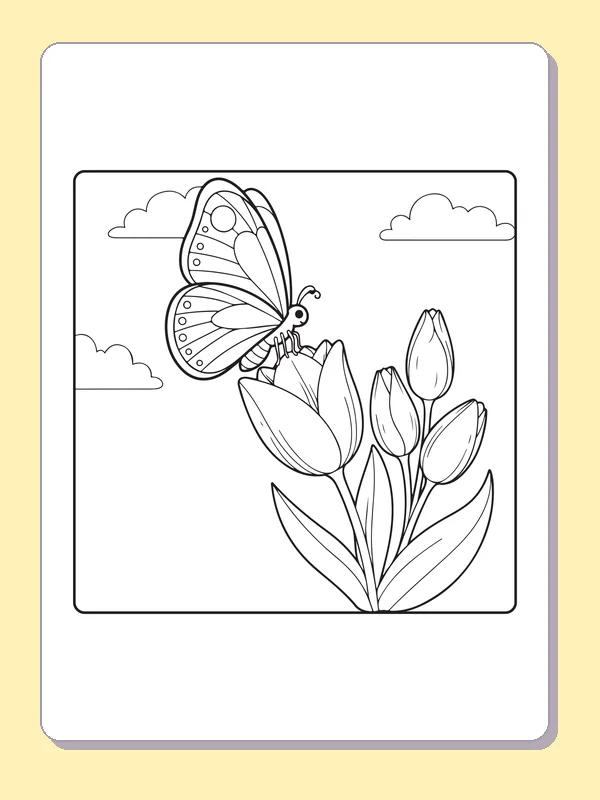 Black and white printable butterfly landing on a pair of tulips coloring sheet