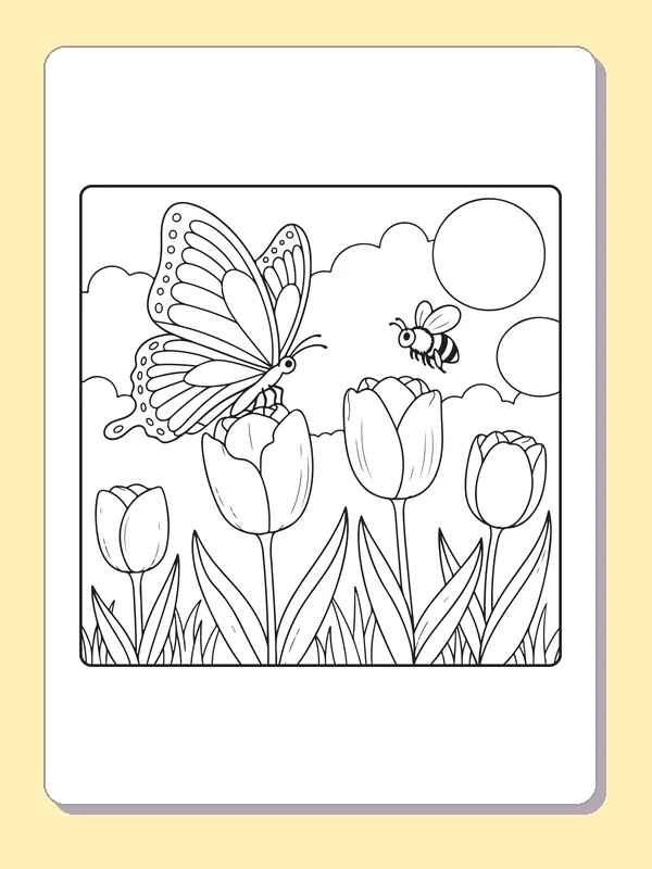 Black and white printable butterfly over a broad spring meadow coloring sheet