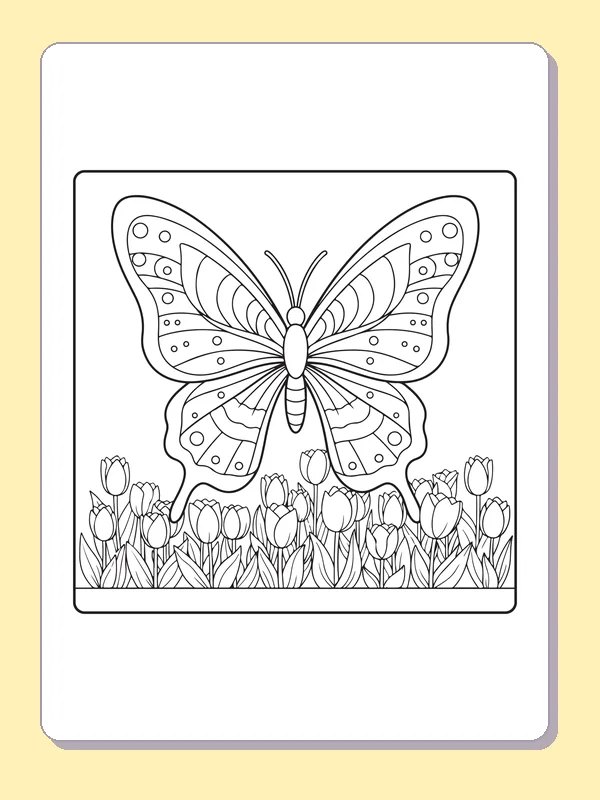 Black and white printable large butterfly resting over tulips coloring sheet