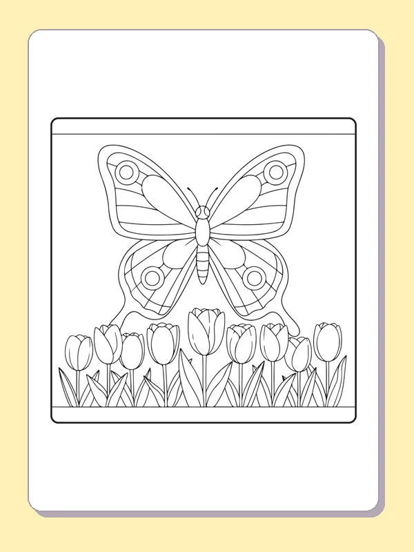 Black and white printable patterned butterfly above tulip blooms coloring sheet