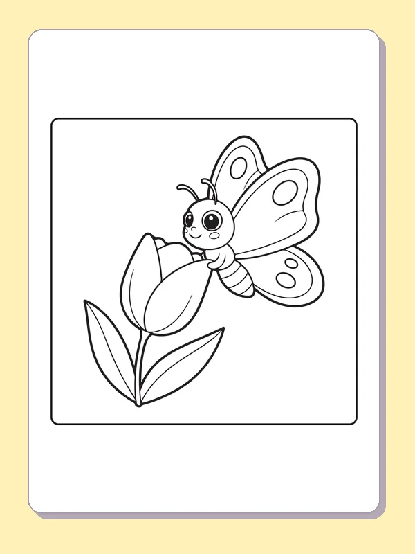 Black and white printable smiling butterfly on a tulip stem coloring sheet