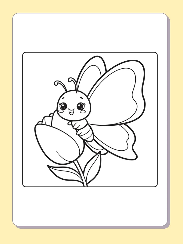 Black and white printable smiling butterfly perched on a tulip coloring sheet