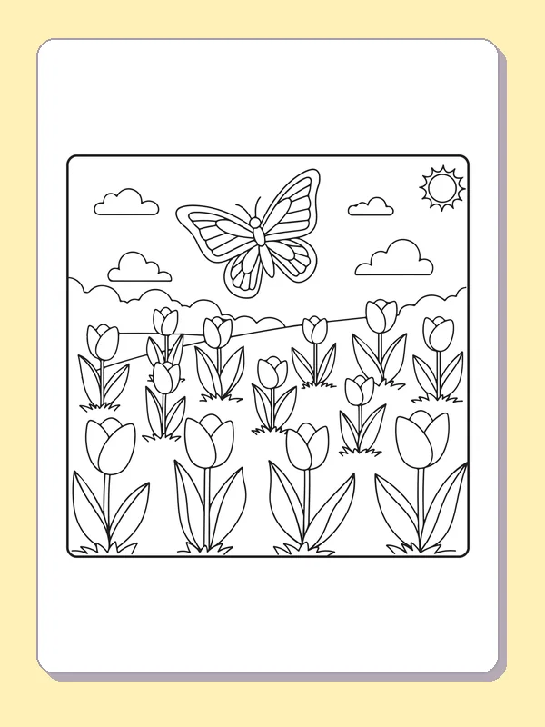 Black and white printable spring butterfly over a broad tulip field coloring sheet