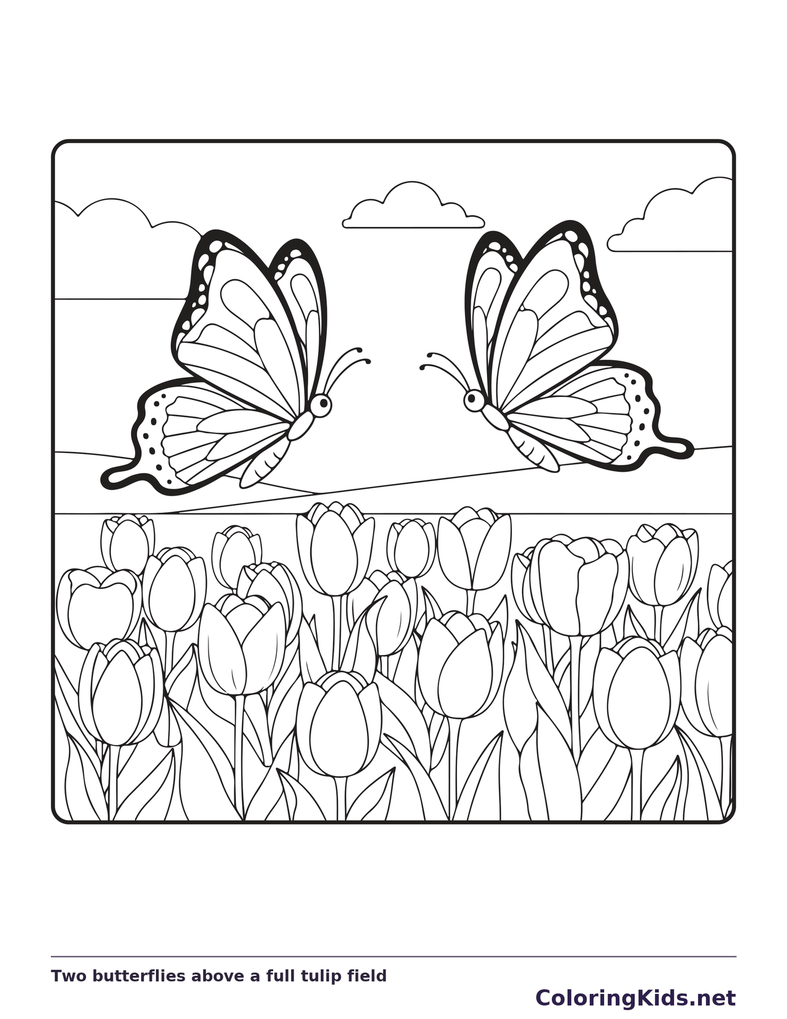 Black and white printable two butterflies above a full tulip field coloring sheet