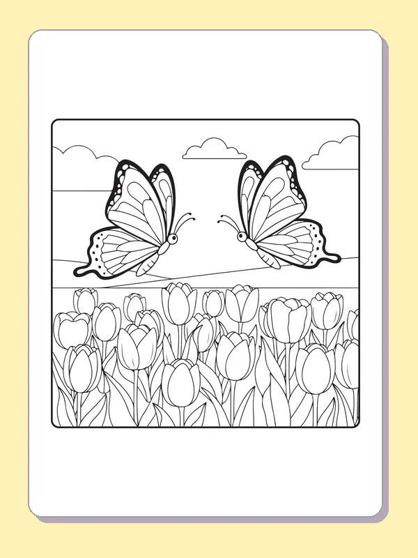 Black and white printable two butterflies above a full tulip field coloring sheet