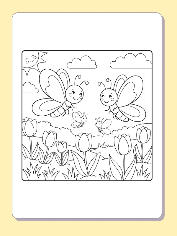 Black and white printable two butterflies in the garden sky coloring sheet