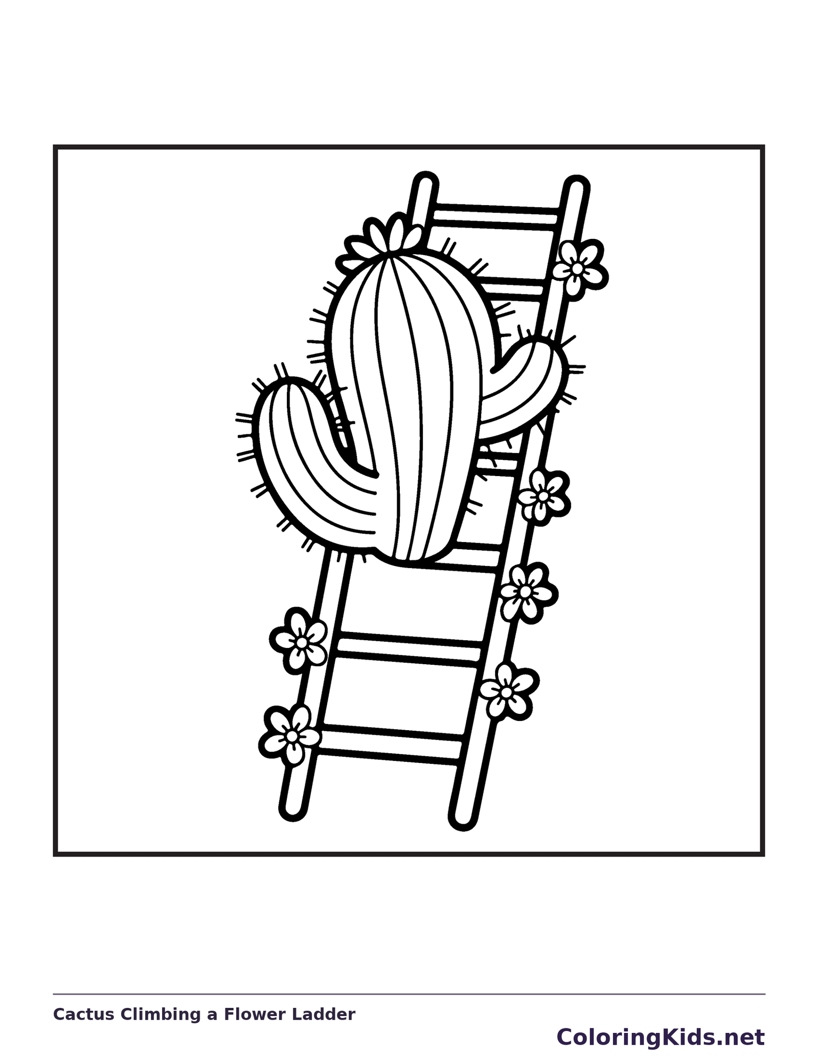 Black and white printable cactus climbing a flower ladder coloring sheet