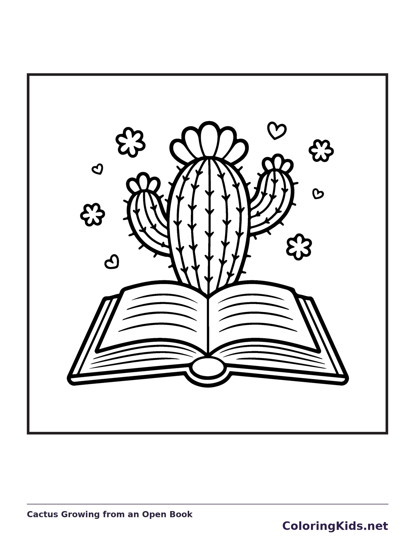 Black and white printable cactus growing from an open book coloring sheet