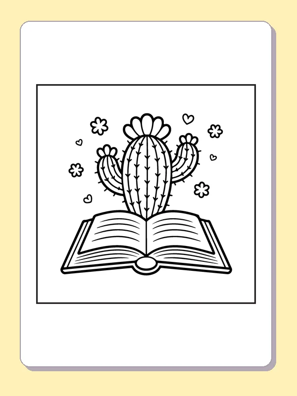 Black and white printable cactus growing from an open book coloring sheet