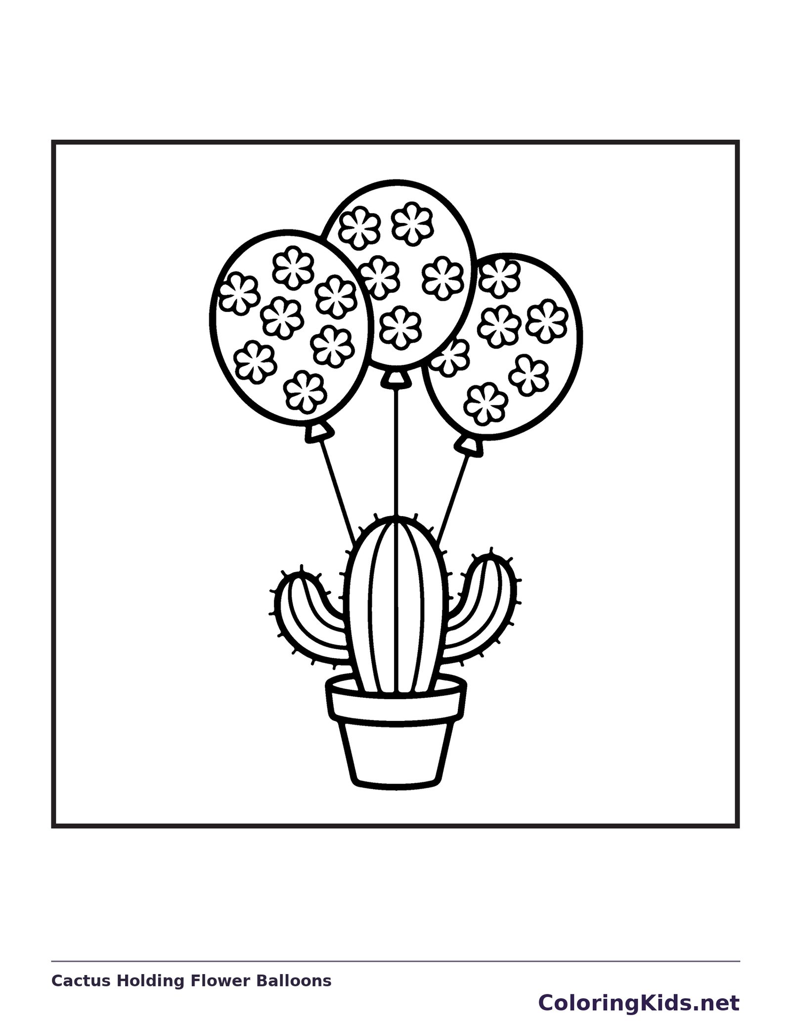 Black and white printable cactus holding flower balloons coloring sheet