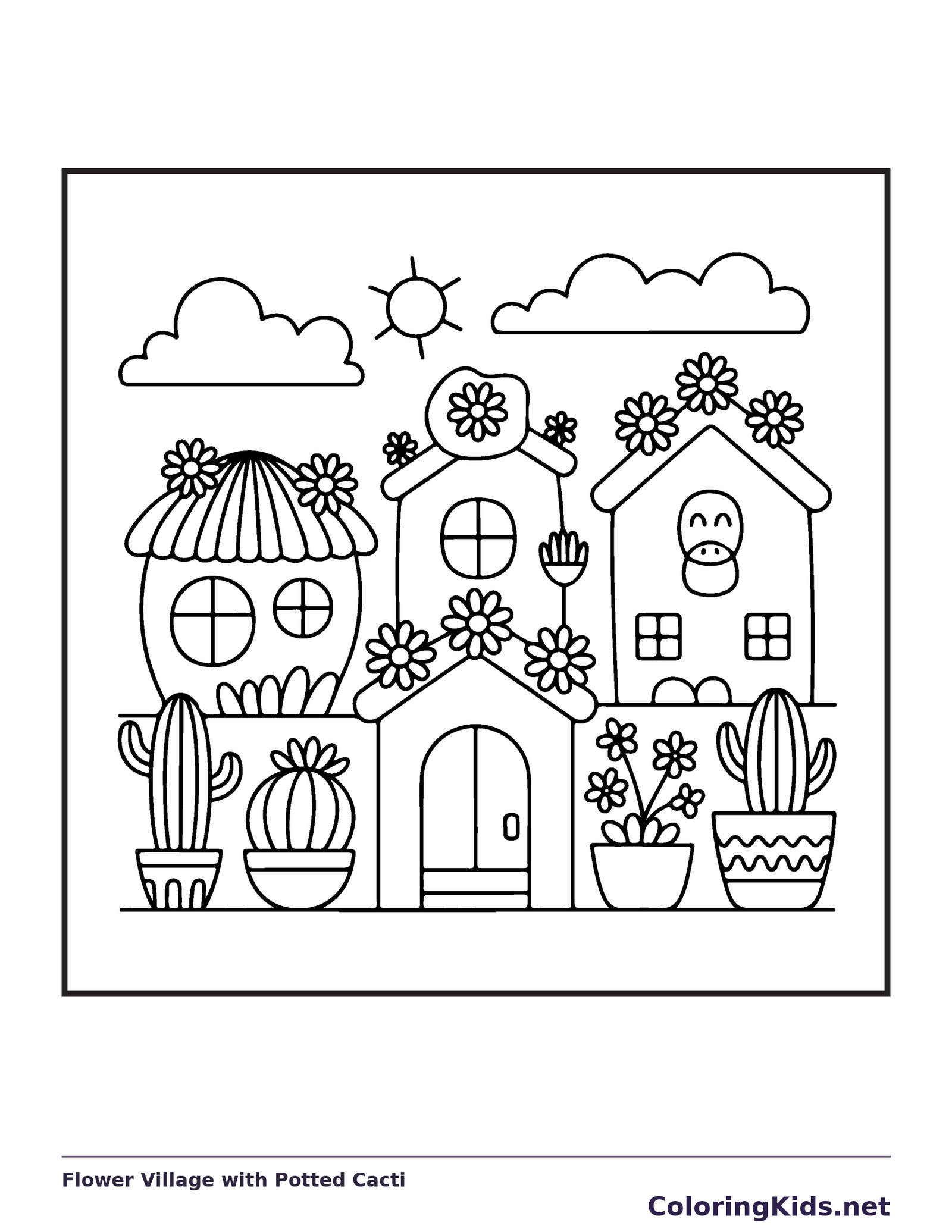 Black and white printable cactus houses in a flower village coloring sheet