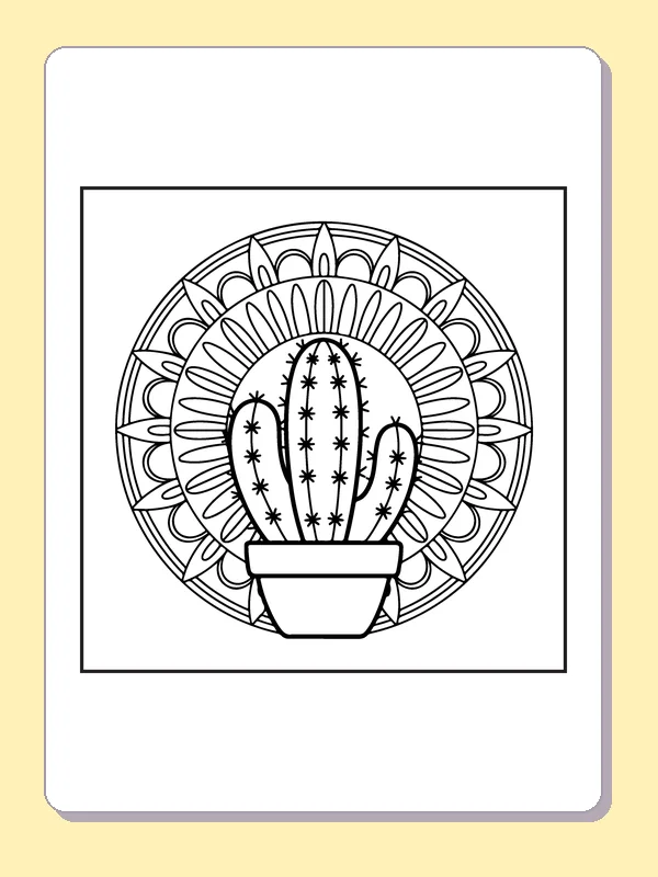 Black and white printable cactus inside a circular flower pattern coloring sheet