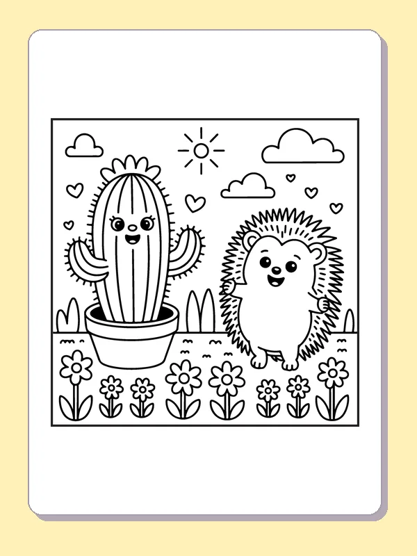 Black and white printable cactus meeting a hedgehog in a garden coloring sheet