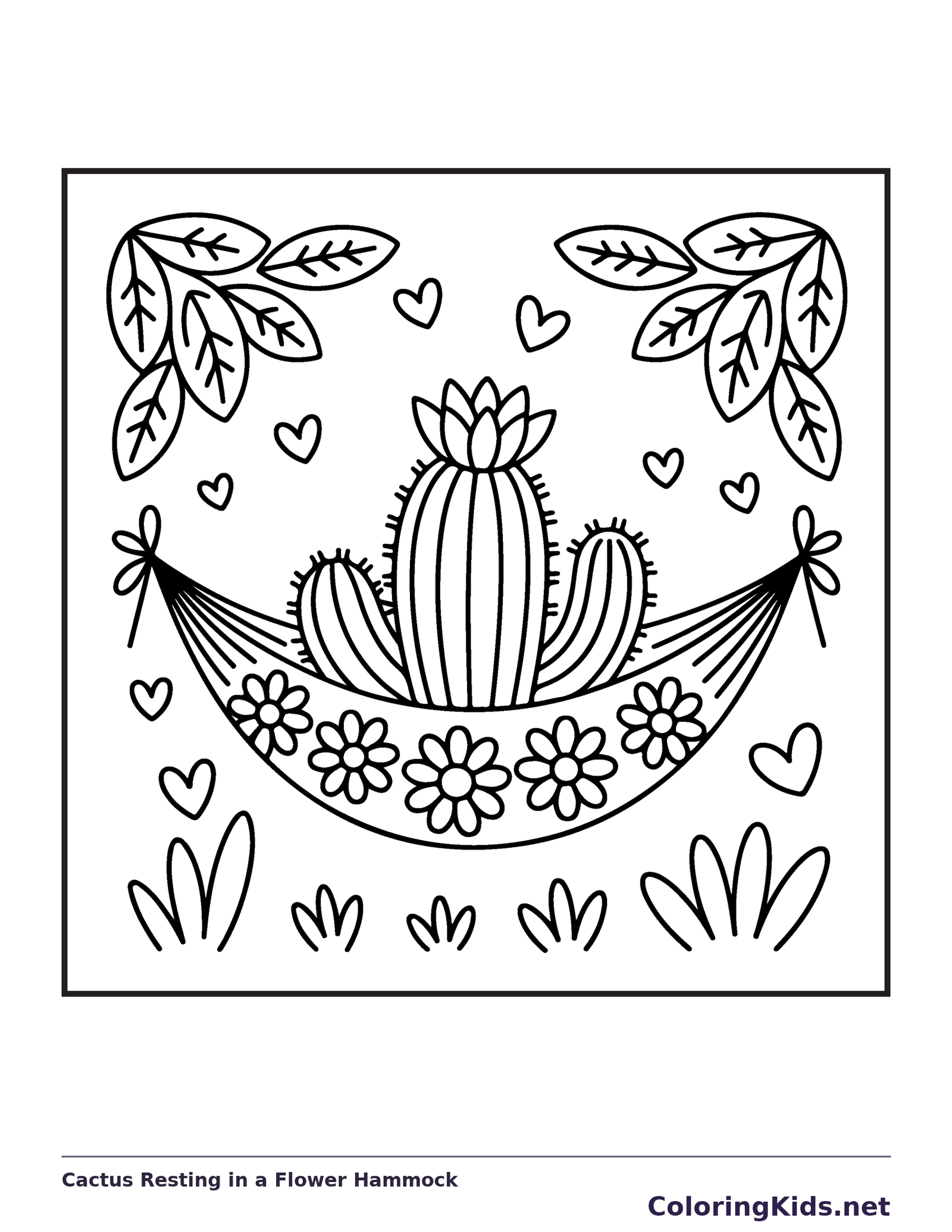 Black and white printable cactus resting in a flower hammock coloring sheet