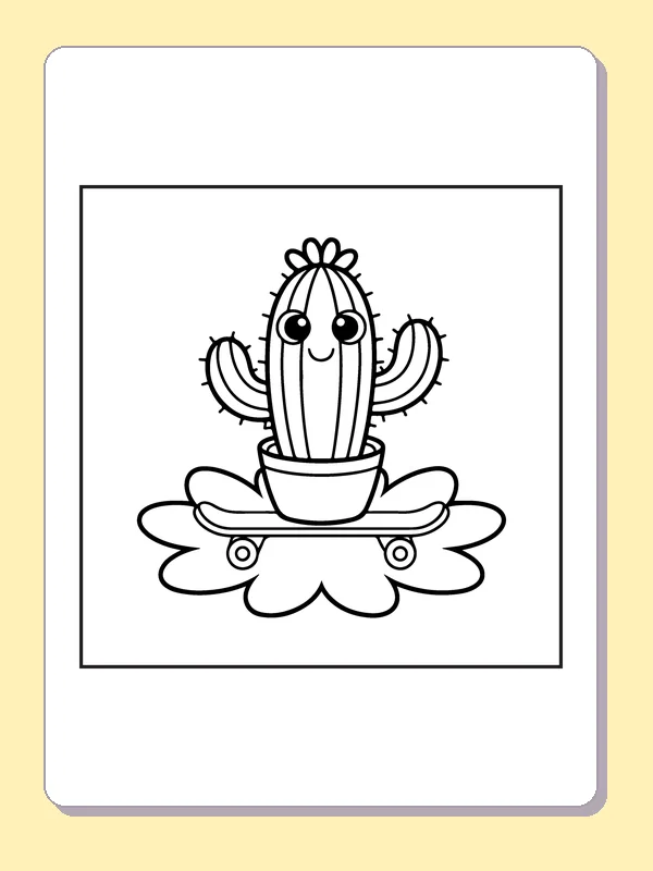 Black and white printable cactus riding on a skateboard coloring sheet