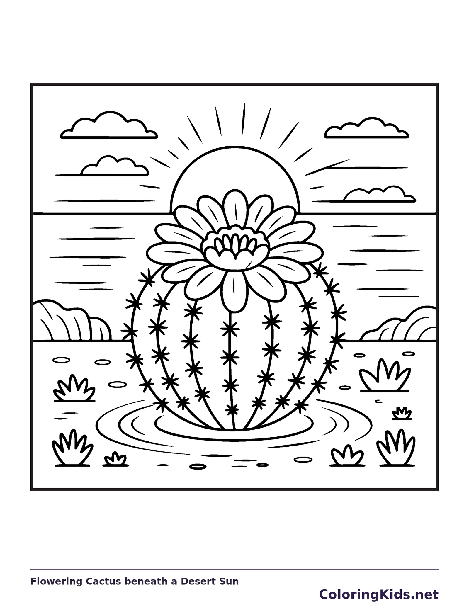 Black and white printable flowering cactus beneath a desert sun coloring sheet