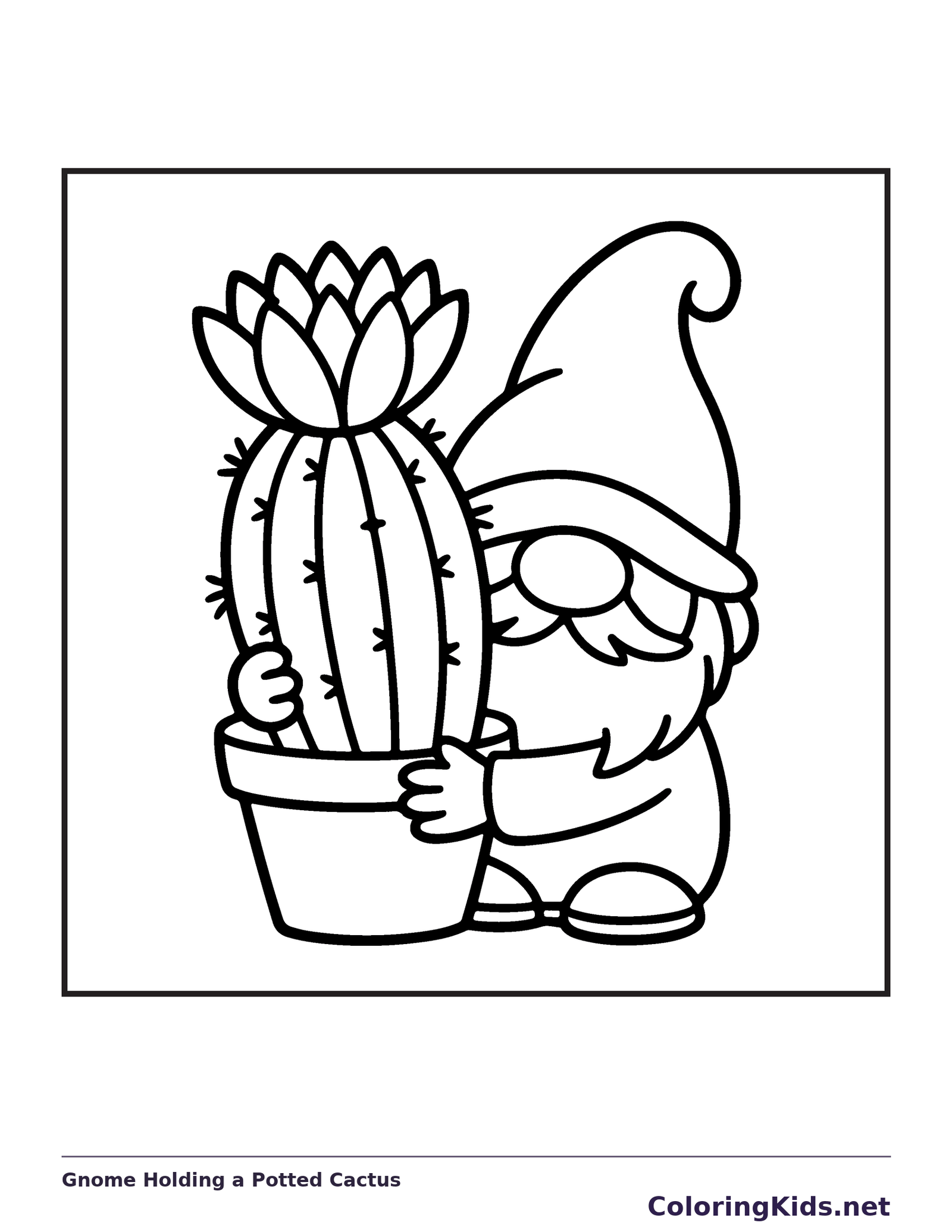 Black and white printable gnome holding a potted cactus coloring sheet