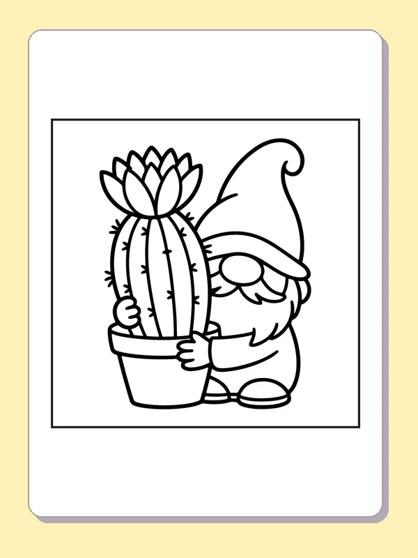 Black and white printable gnome holding a potted cactus coloring sheet
