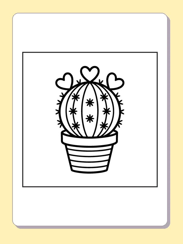 Black and white printable heart cactus in a striped pot coloring sheet
