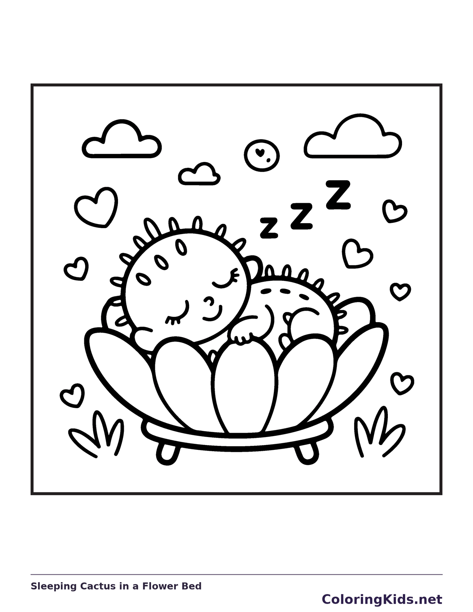 Black and white printable sleeping cactus in a flower bed coloring sheet