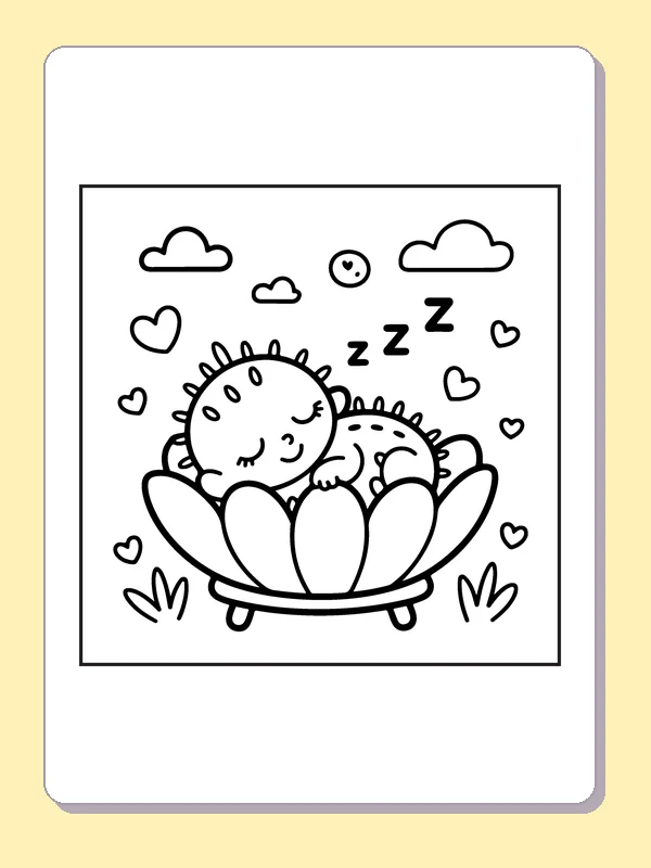 Black and white printable sleeping cactus in a flower bed coloring sheet