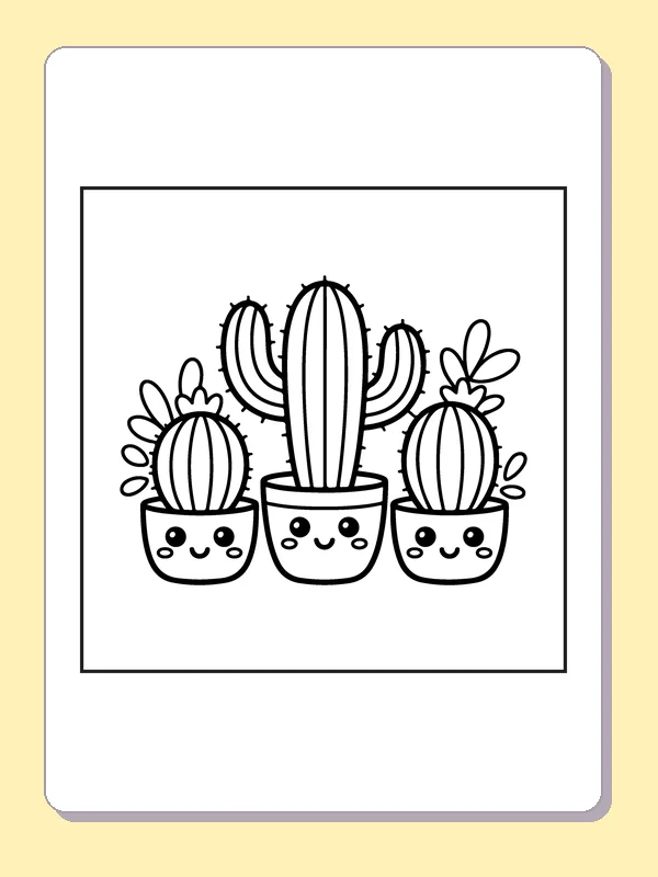 Black and white printable three little cactus pots coloring sheet