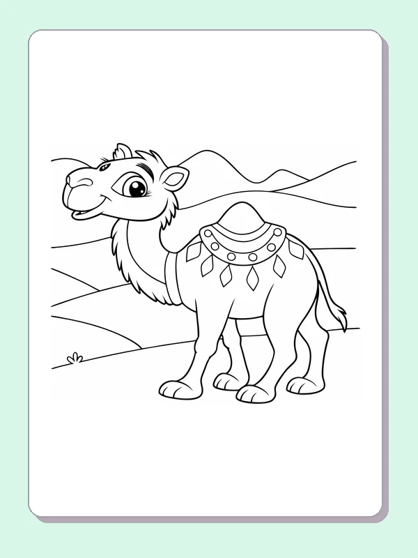 Camel Among Rolling Dunes coloring page: black and white line art to print or color online