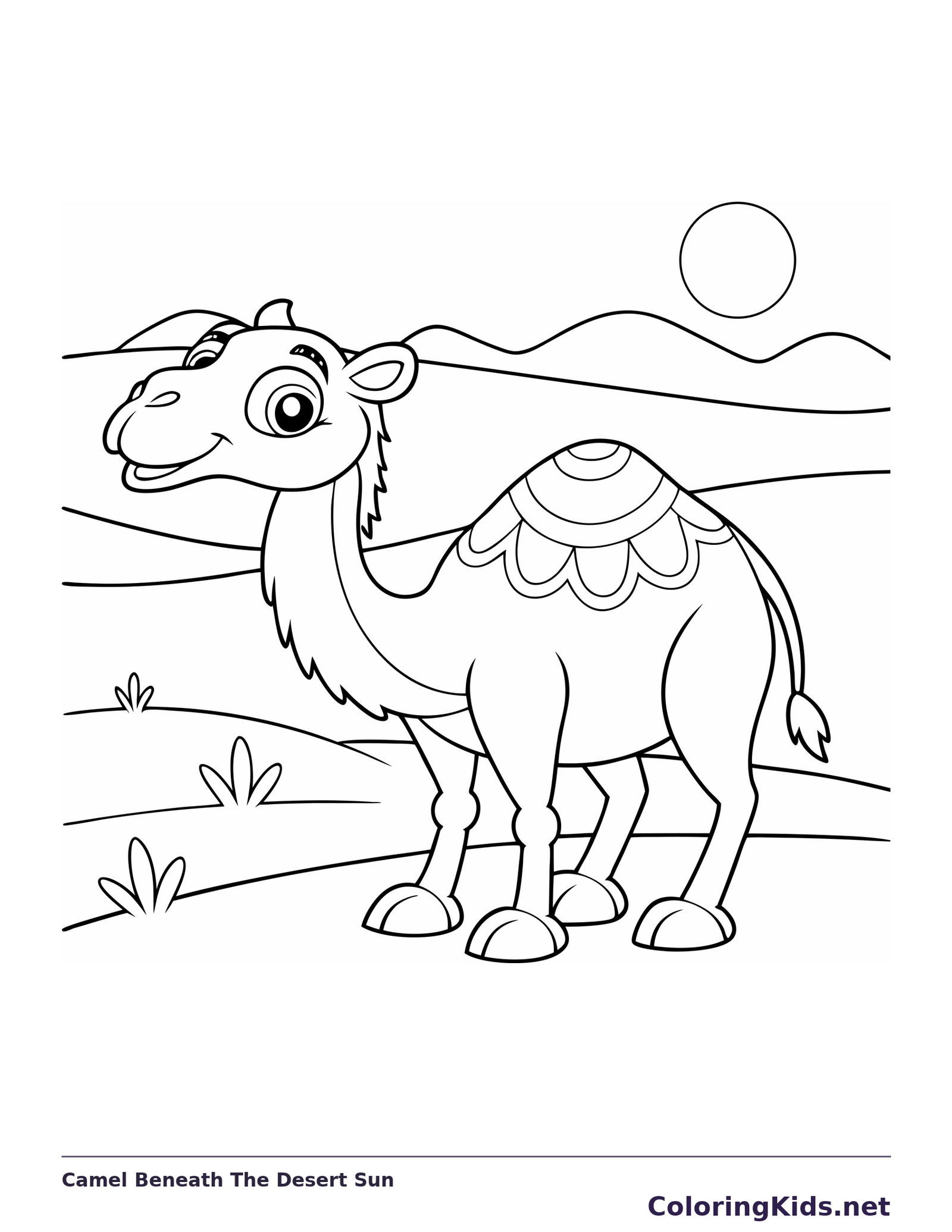 Camel Beneath The Desert Sun coloring page: black and white line art to print or color online