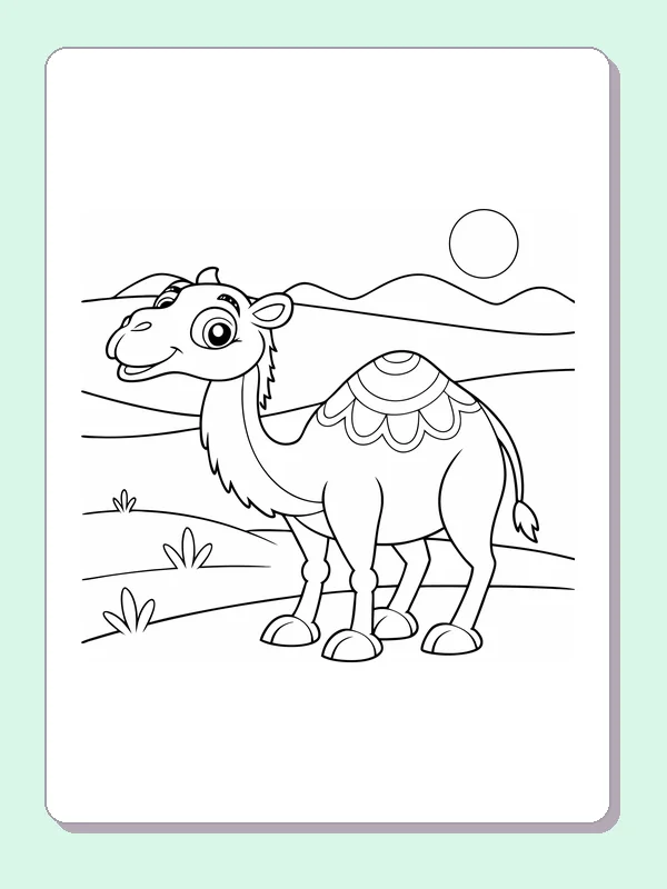 Camel Beneath The Desert Sun coloring page: black and white line art to print or color online