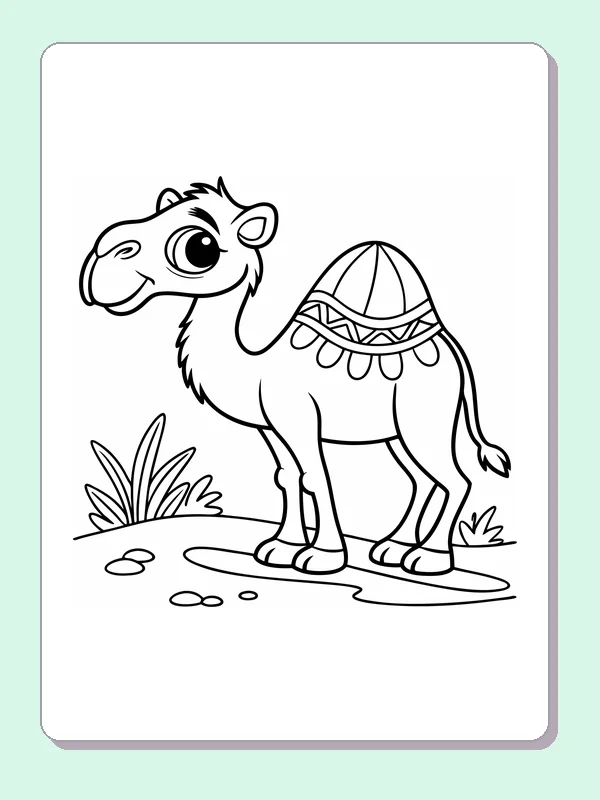 Camel Beside Desert Plants coloring page: black and white line art to print or color online