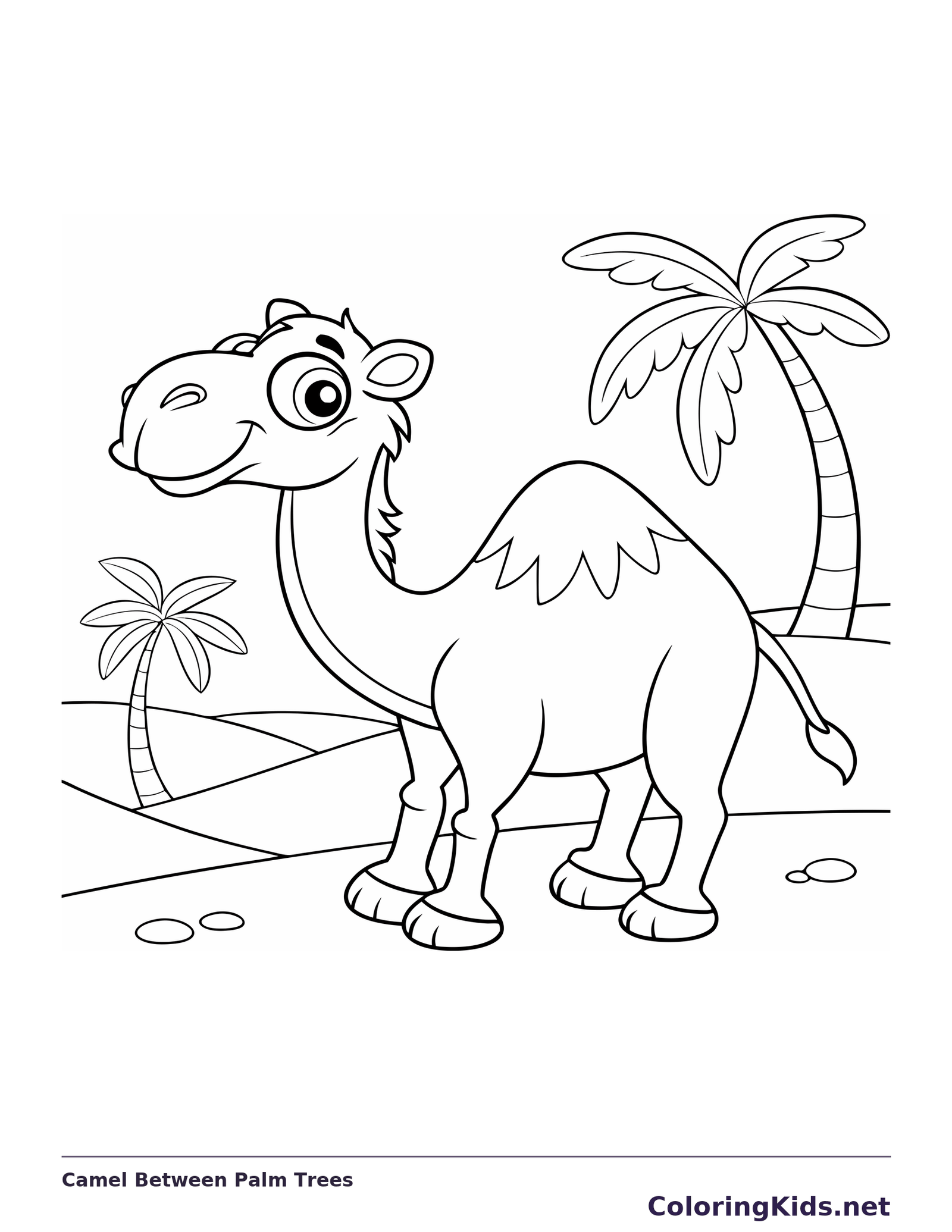 Camel Between Palm Trees coloring page: black and white line art to print or color online