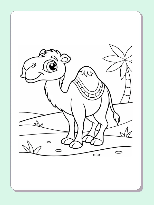 Camel By A Palm Tree coloring page: black and white line art to print or color online