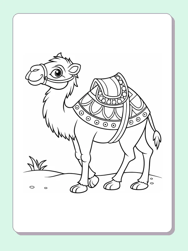 Camel In An Ornate Saddle coloring page: black and white line art to print or color online