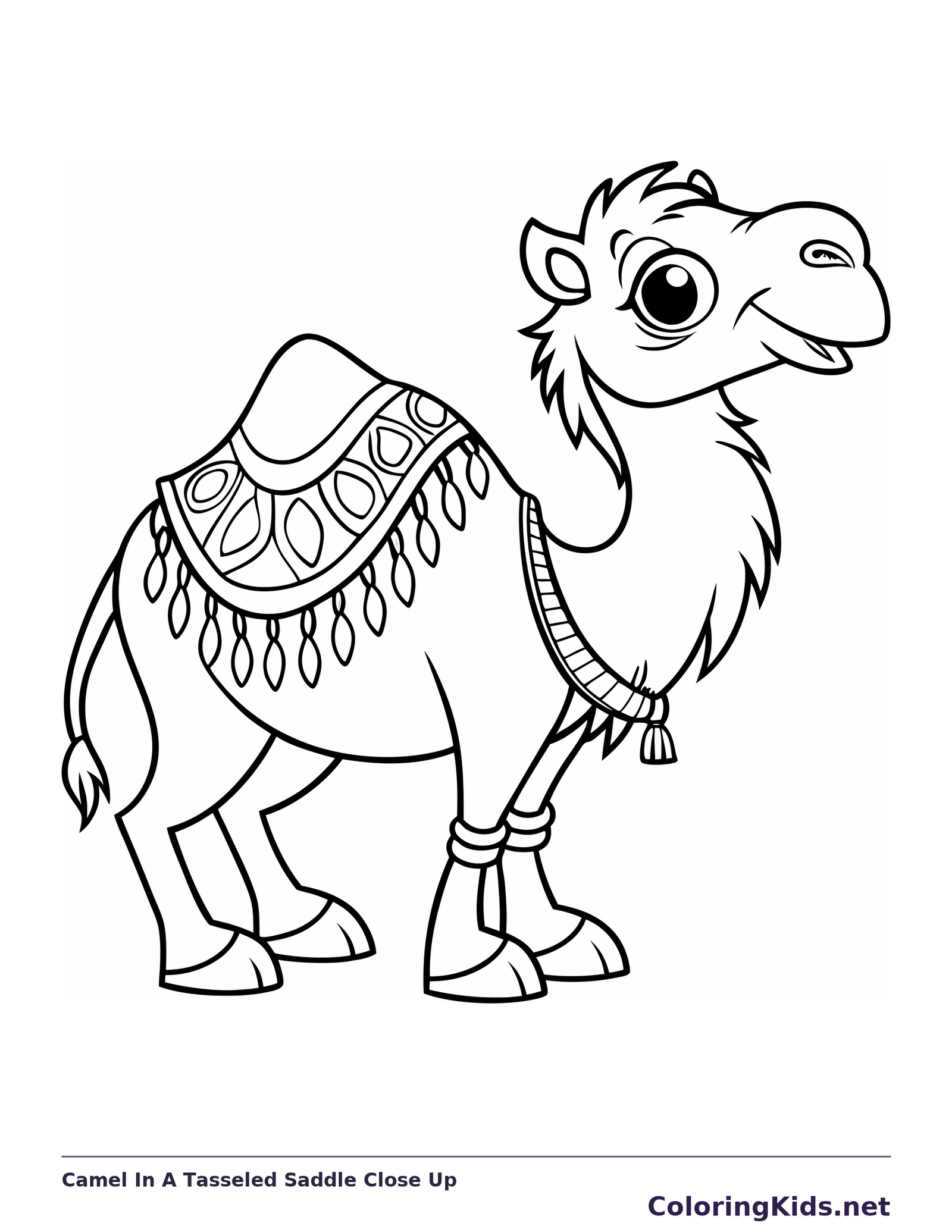 Camel In A Tasseled Saddle Close Up coloring page: black and white line art to print or color online