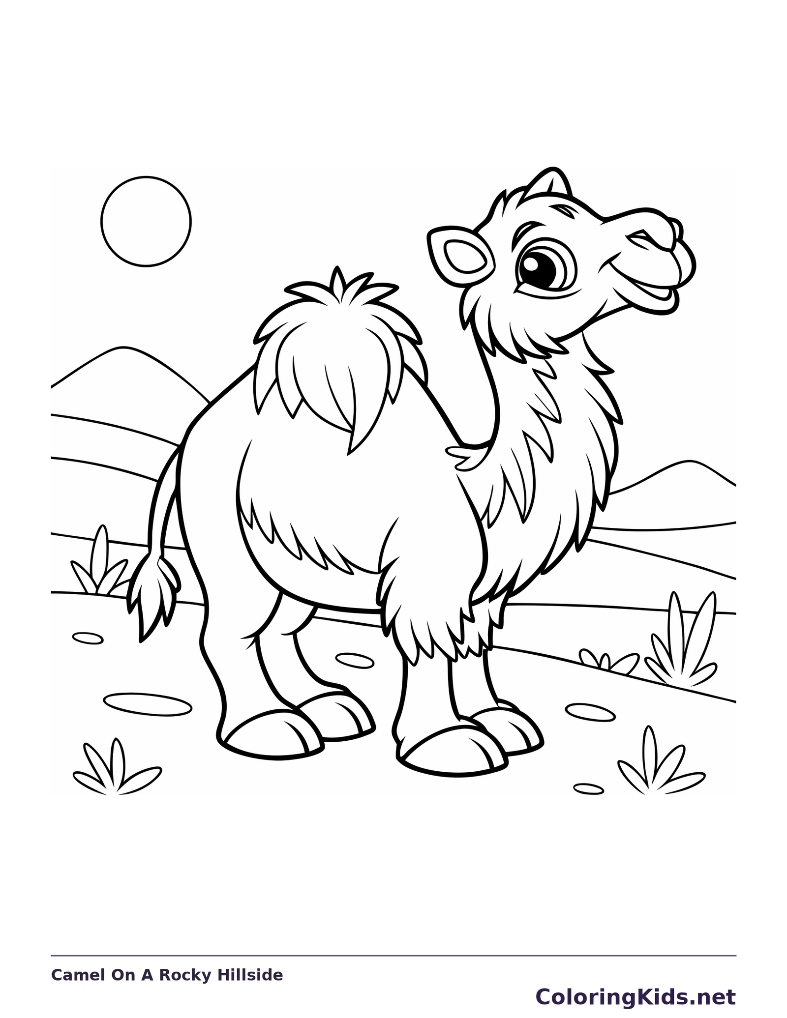 Camel On A Rocky Hillside coloring page: black and white line art to print or color online