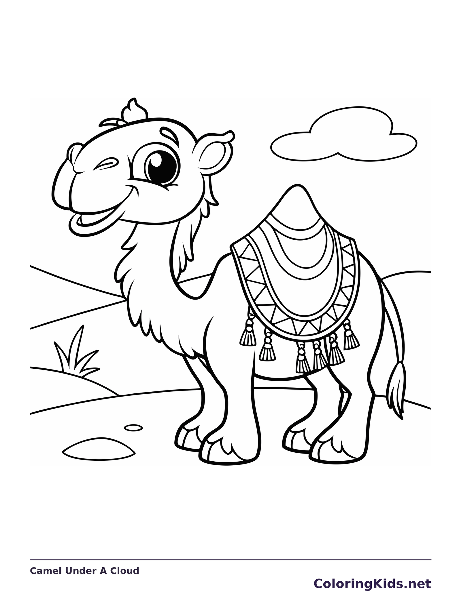 Camel Under A Cloud coloring page: black and white line art to print or color online
