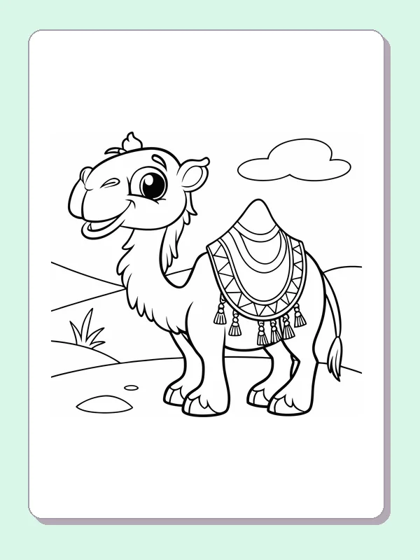 Camel Under A Cloud coloring page: black and white line art to print or color online