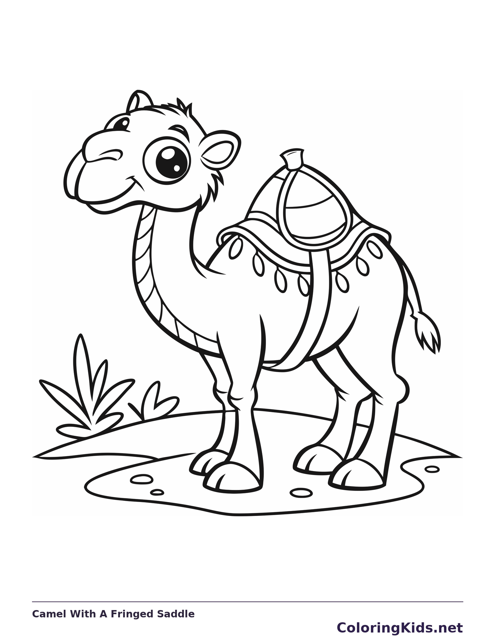 Camel With A Fringed Saddle coloring page: black and white line art to print or color online